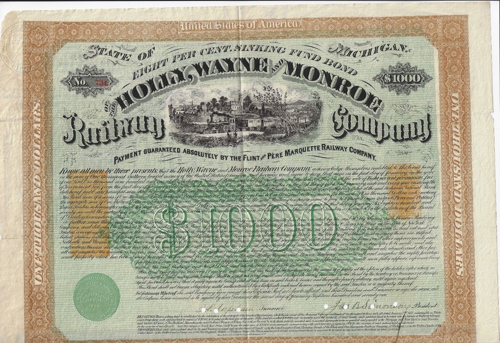 RARE Holly Wayne and Monroe Rey  MI $1,000 Bond 1871, 2 Imprinted Revenue stamps
