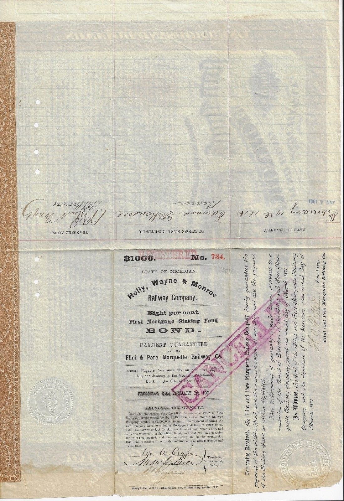 RARE Holly Wayne and Monroe Rey  MI $1,000 Bond 1871, 2 Imprinted Revenue stamps