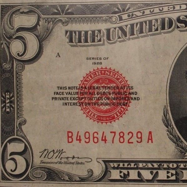 ONE (1) 1928 $5 United States Notes <RED SEAL at LEFT> F-1525 UNCIRCULATED