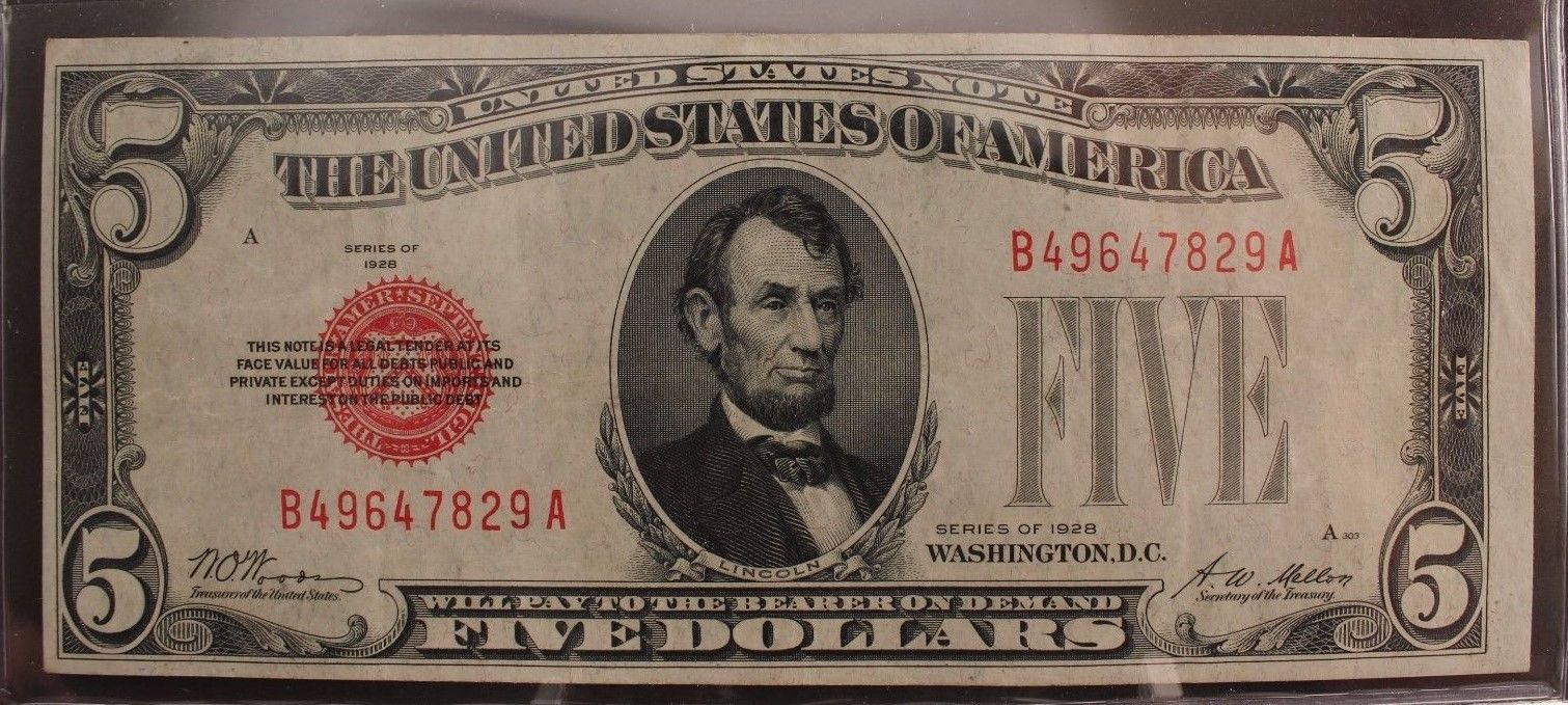 ONE (1) 1928 $5 United States Notes <RED SEAL at LEFT> F-1525 UNCIRCULATED