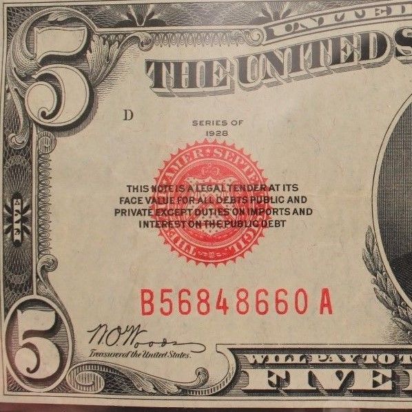 ONE (1) 1928 $5 United States Notes <RED SEAL at LEFT> F-1525 UNCIRCULATED