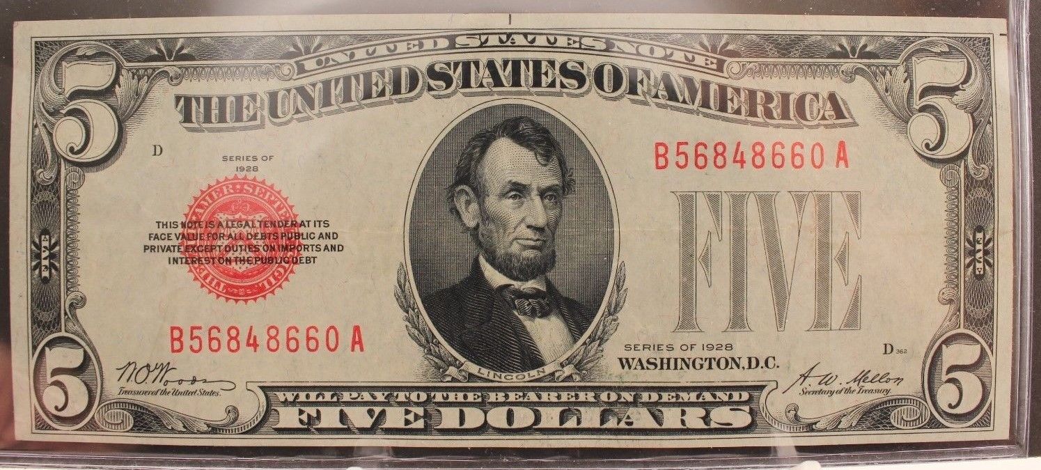 ONE (1) 1928 $5 United States Notes <RED SEAL at LEFT> F-1525 UNCIRCULATED