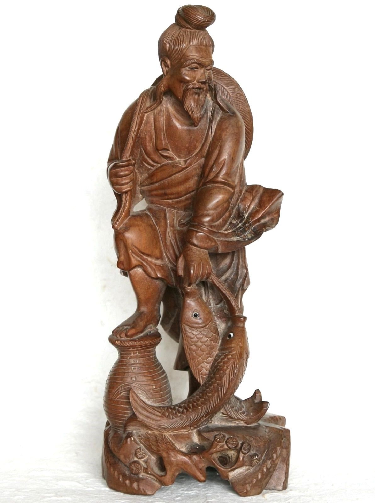 Vintage Wood Sculpture Hand Carved Fisherman Figure Statue Asian