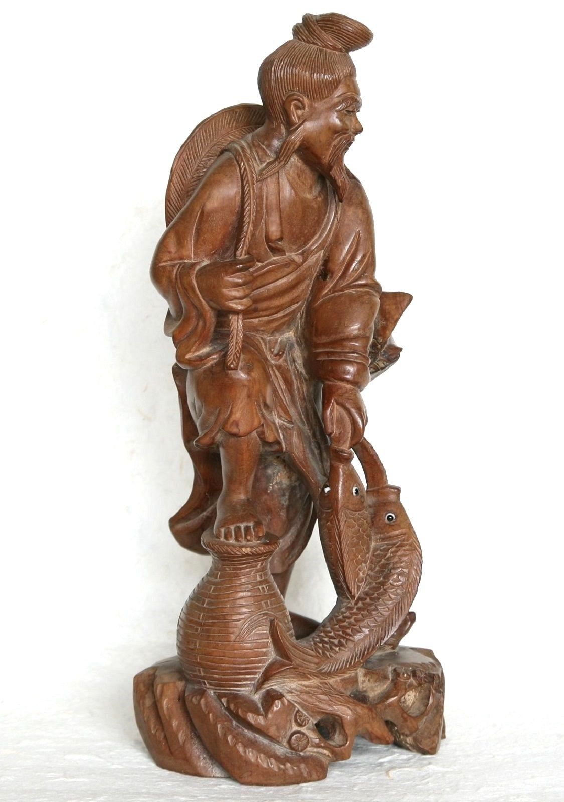 Vintage Wood Sculpture Hand Carved Fisherman Figure Statue Asian