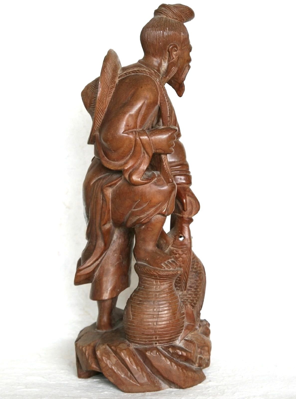 Vintage Wood Sculpture Hand Carved Fisherman Figure Statue Asian