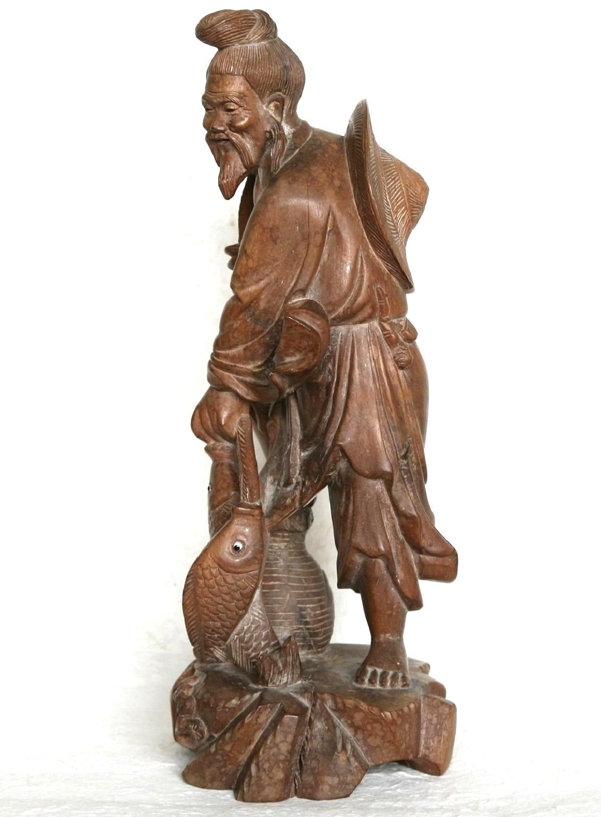 Vintage Wood Sculpture Hand Carved Fisherman Figure Statue Asian